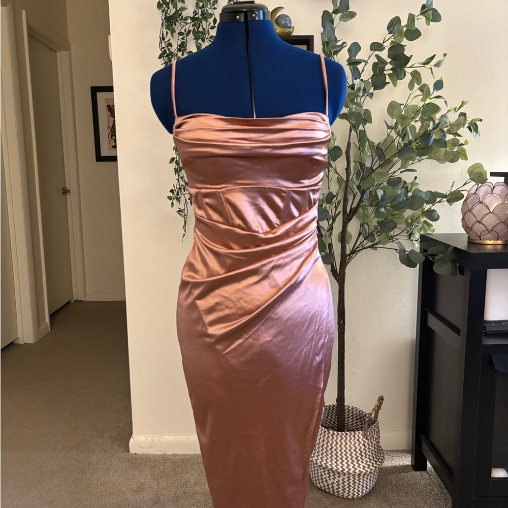 Windsor Rose Gold Satin Midi Wrap Dress - small